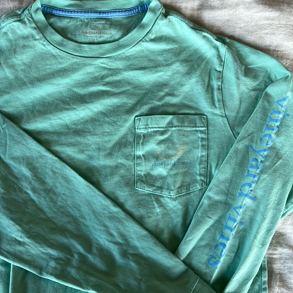 Mint green Vineyard Vines long sleeved size L (16) distressed yellow logo